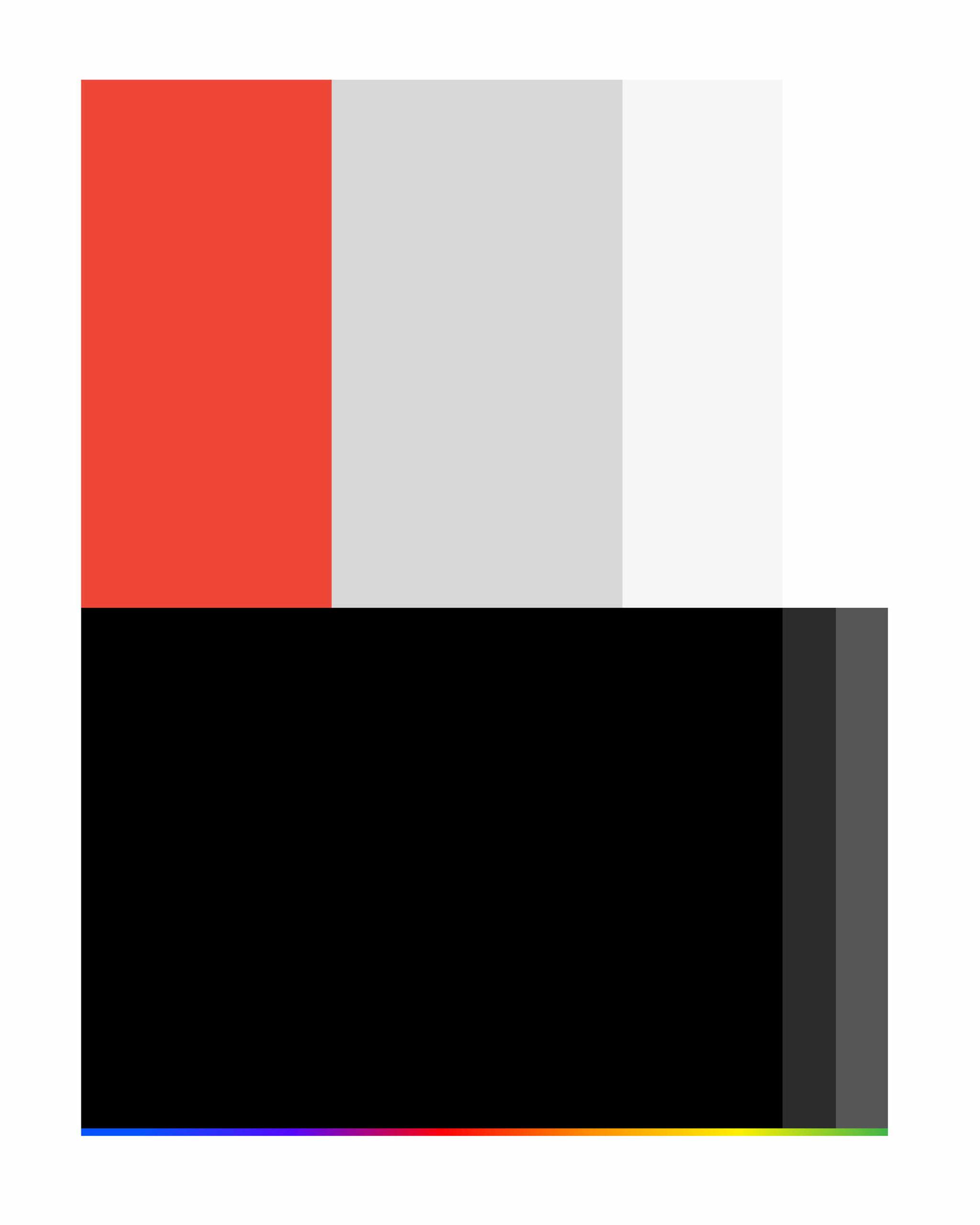 Brand color palette blocks in red, gray, white, black, and accent colors