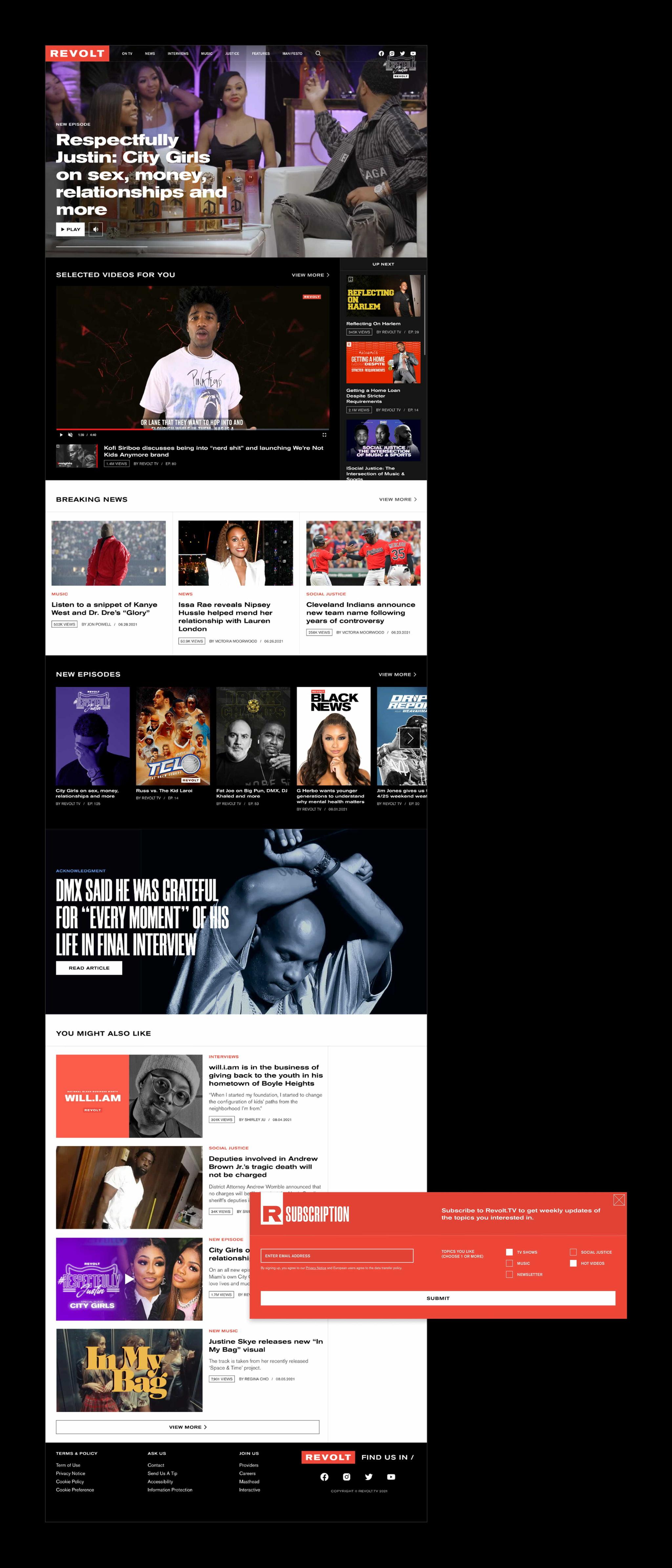 REVOLT desktop homepage mockup with news sections and a red subscription pop-up