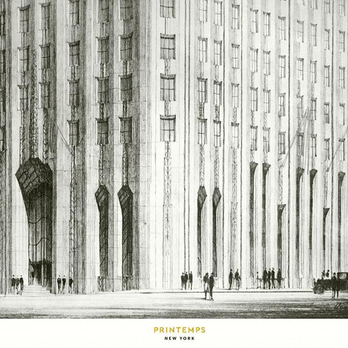 Archival architectural drawing of the Printemps New York building with figures at street level.
