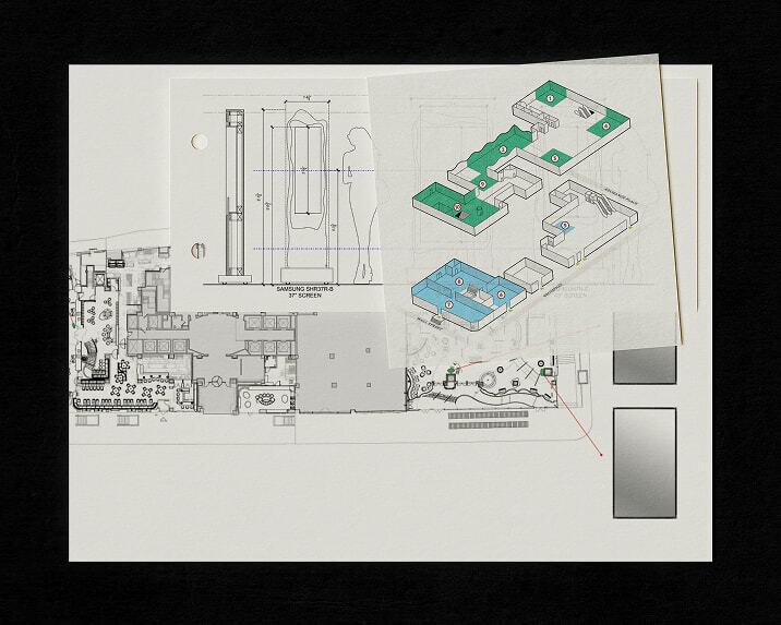 Design boards showing floor plans, screen elevations, and color-coded wayfinding diagrams.