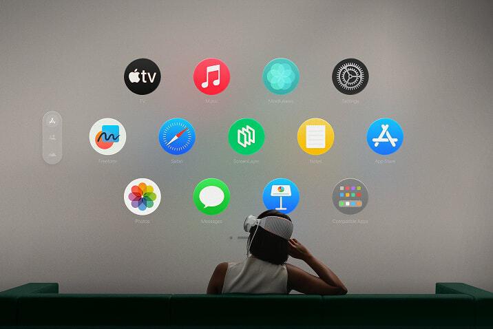 Vision Pro home view with the ScreenLayer app among Apple app icons, seen over a seated user.