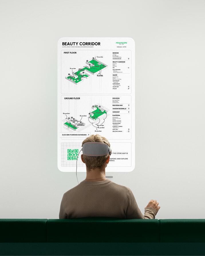 Seated person wearing a mixed reality headset facing a floating Beauty Corridor map.