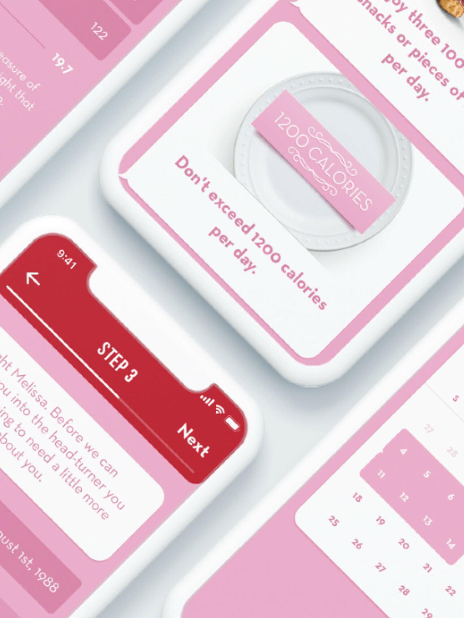 Pink calorie tracking app screens showing a 1200-calorie daily limit