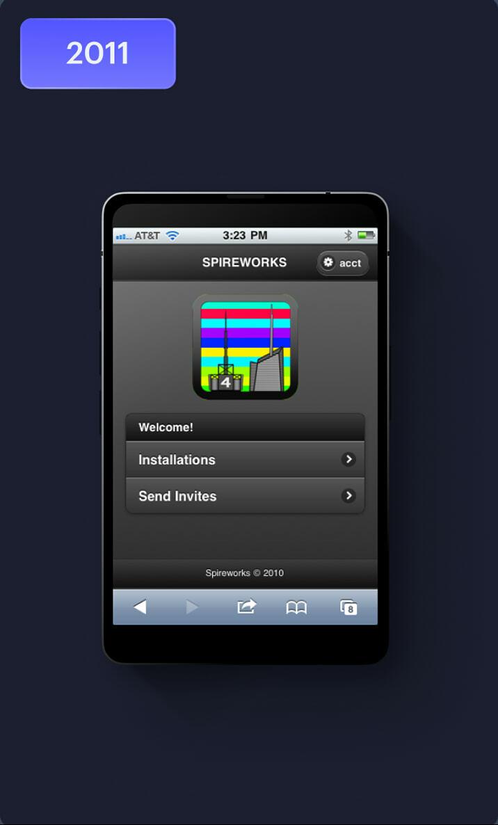 2011 Spireworks mobile web screen with Installations and Send Invites options