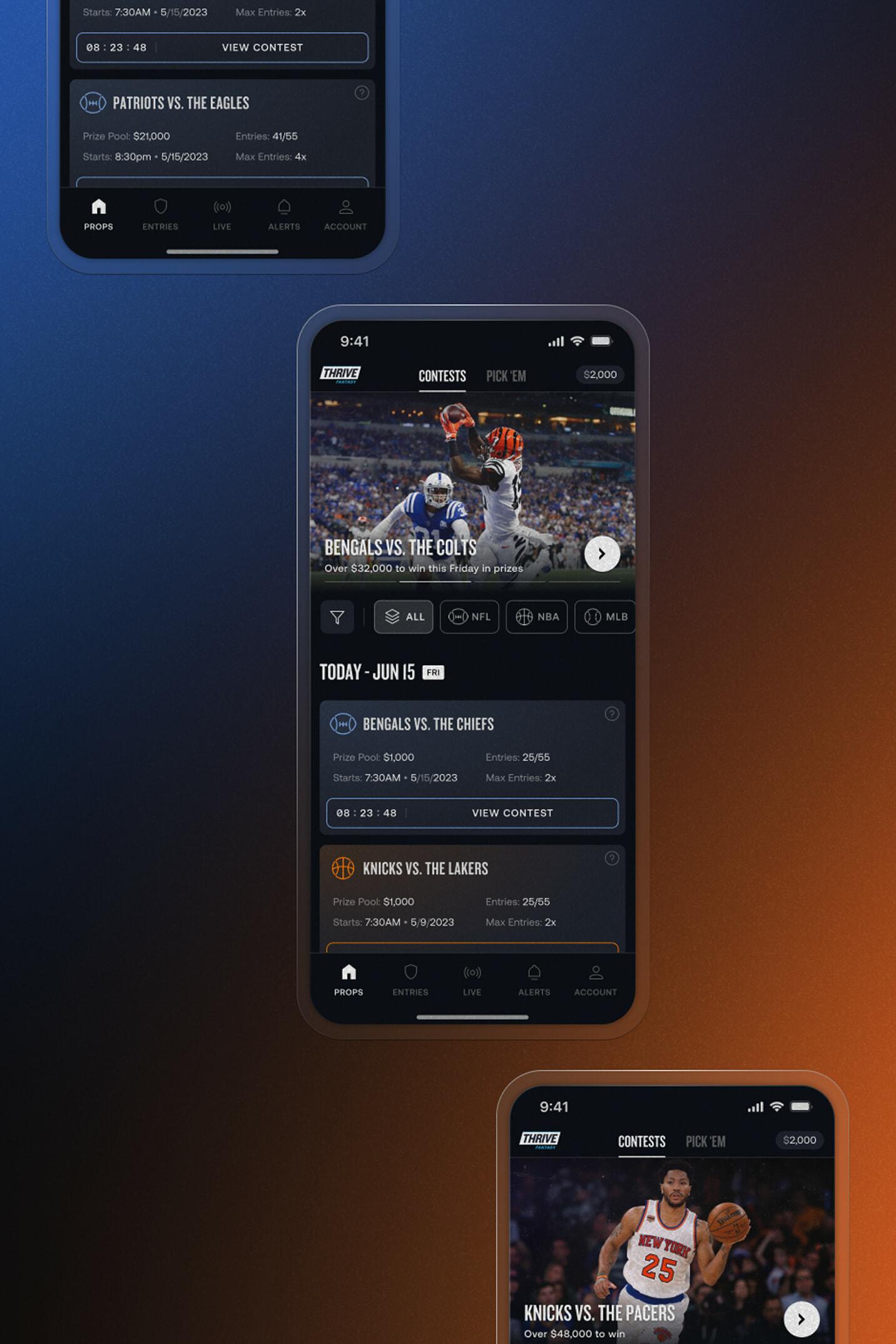 Three ThriveFantasy contest screens featuring football and basketball matchups on a blue-orange gradient