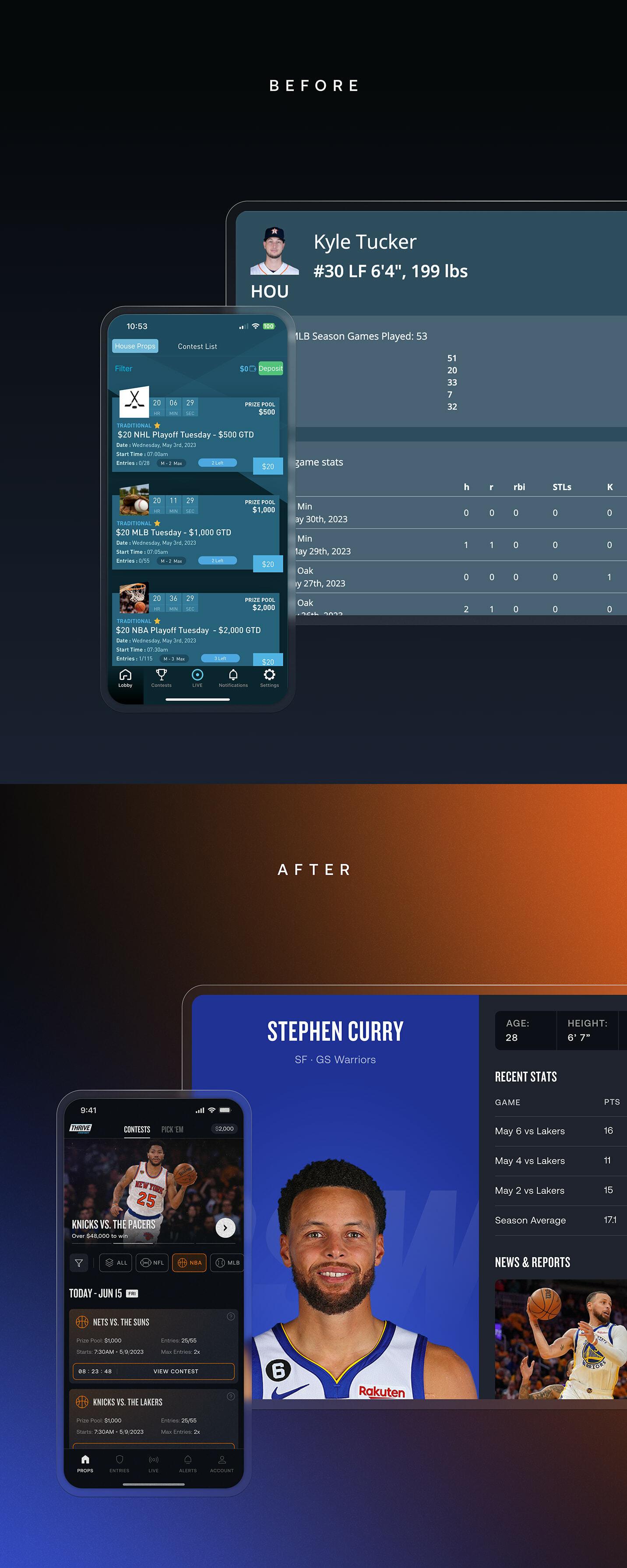 Split before and after view of sports app redesign with mobile screens and player profile panels
