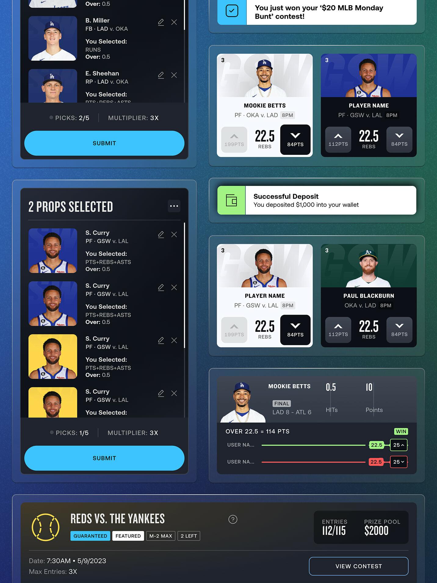 Wide collage of sports betting app screens with prop picks, contests, deposits, and player cards