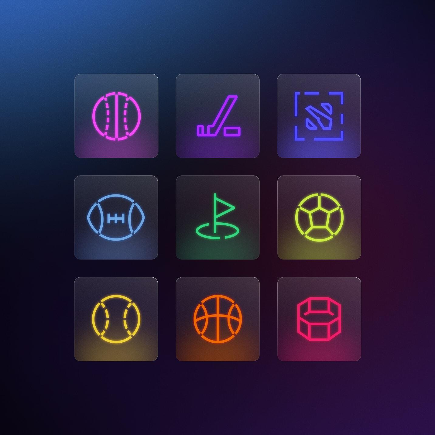 Nine neon sports icons on dark tiles: tennis, hockey, boxing, football, golf, soccer, baseball, basketball and MMA