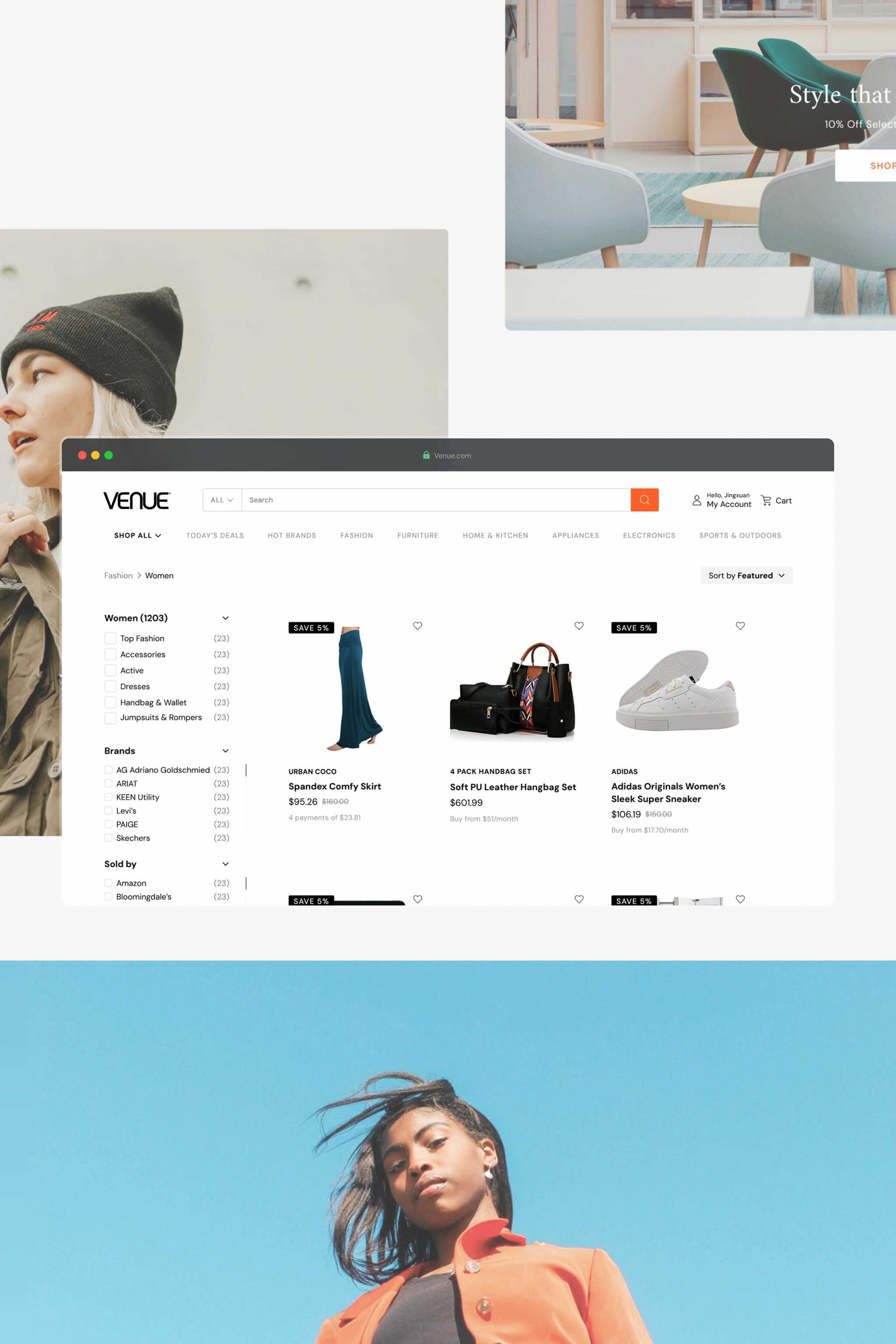 Venue fashion category page mockup with product grid and promotional photos