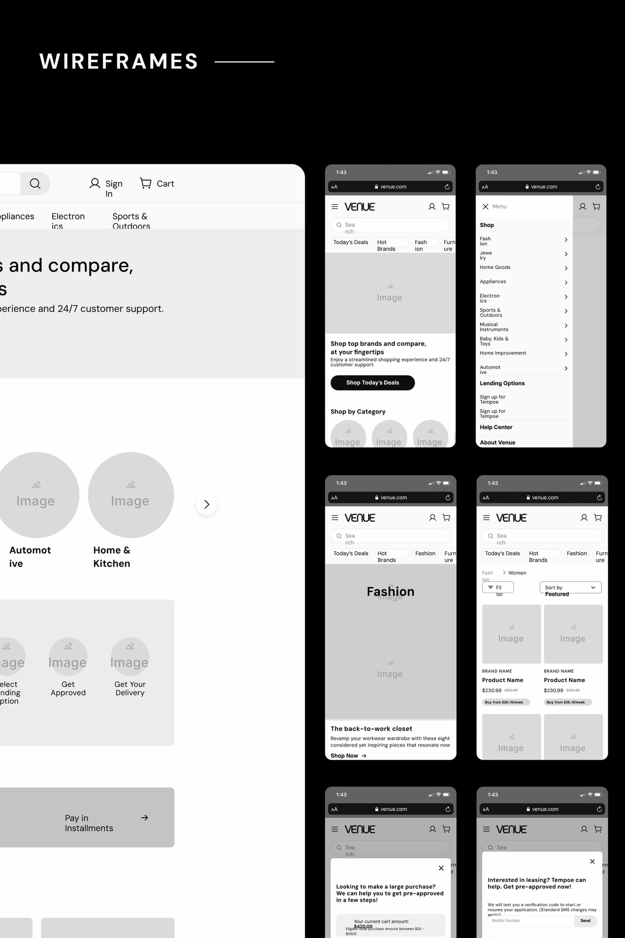 Wireframes board with the Venue desktop homepage and mobile screen flows