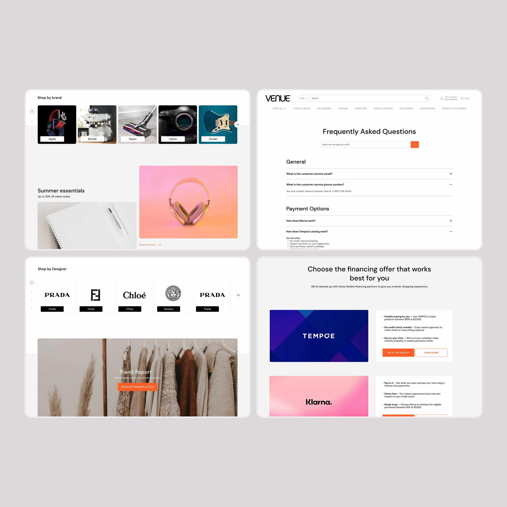 Venue mockups for shop-by-brand, FAQ, designer tiles and Klarna and Tempoe financing