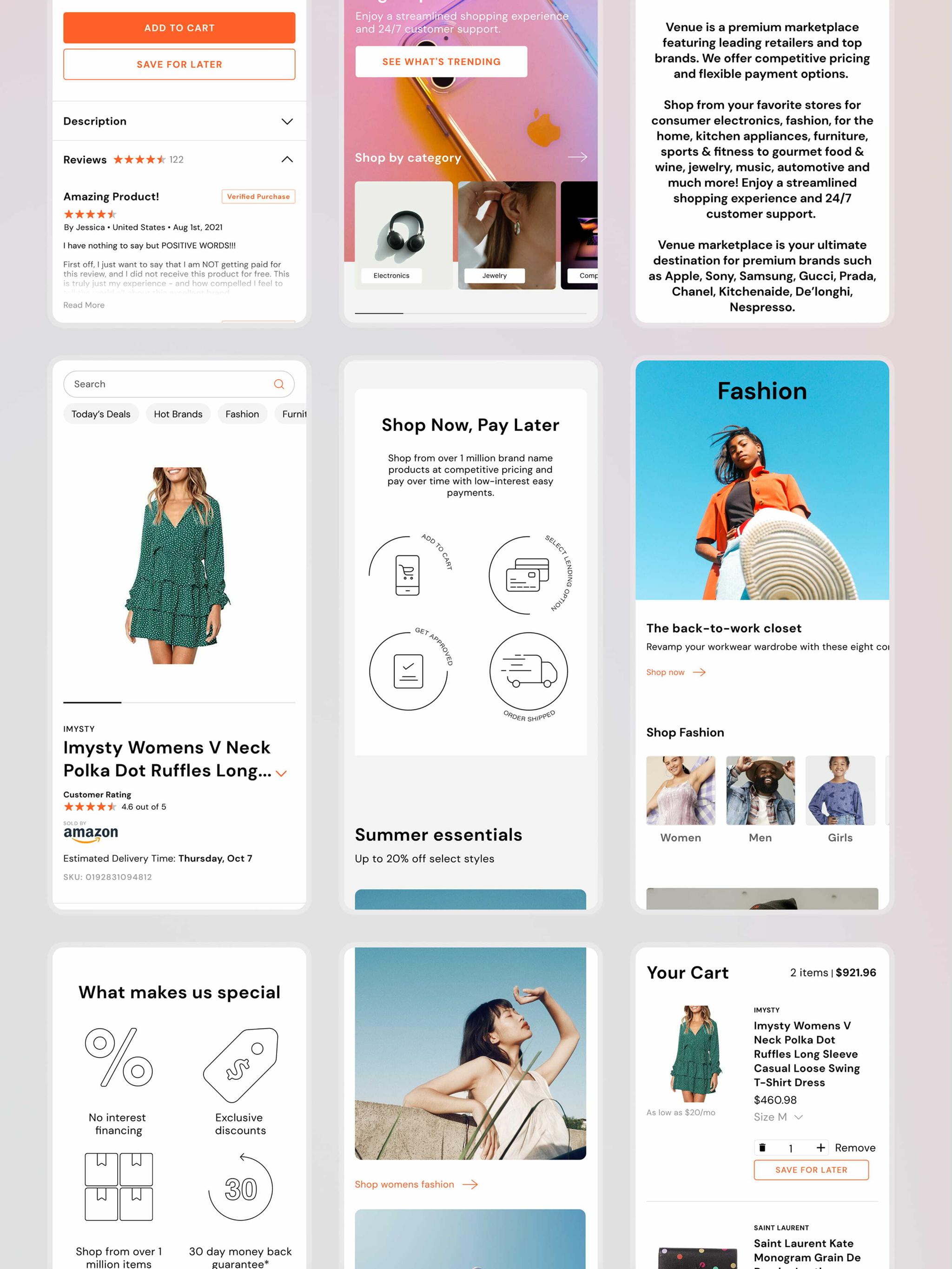 Ecommerce design system collage with product cards, cart, fashion, and pay-later panels