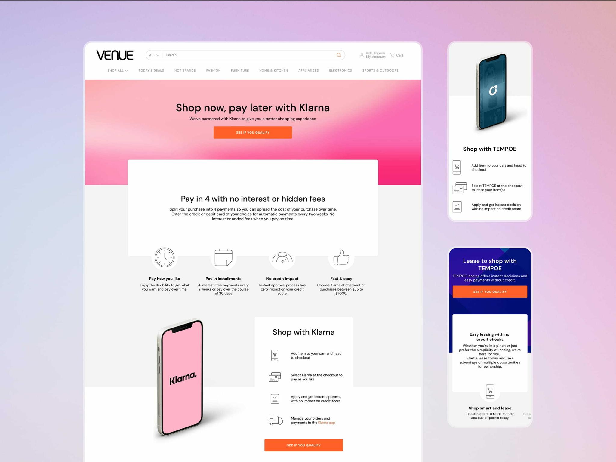 Venue Klarna pay-later landing page with Tempoe leasing side panels