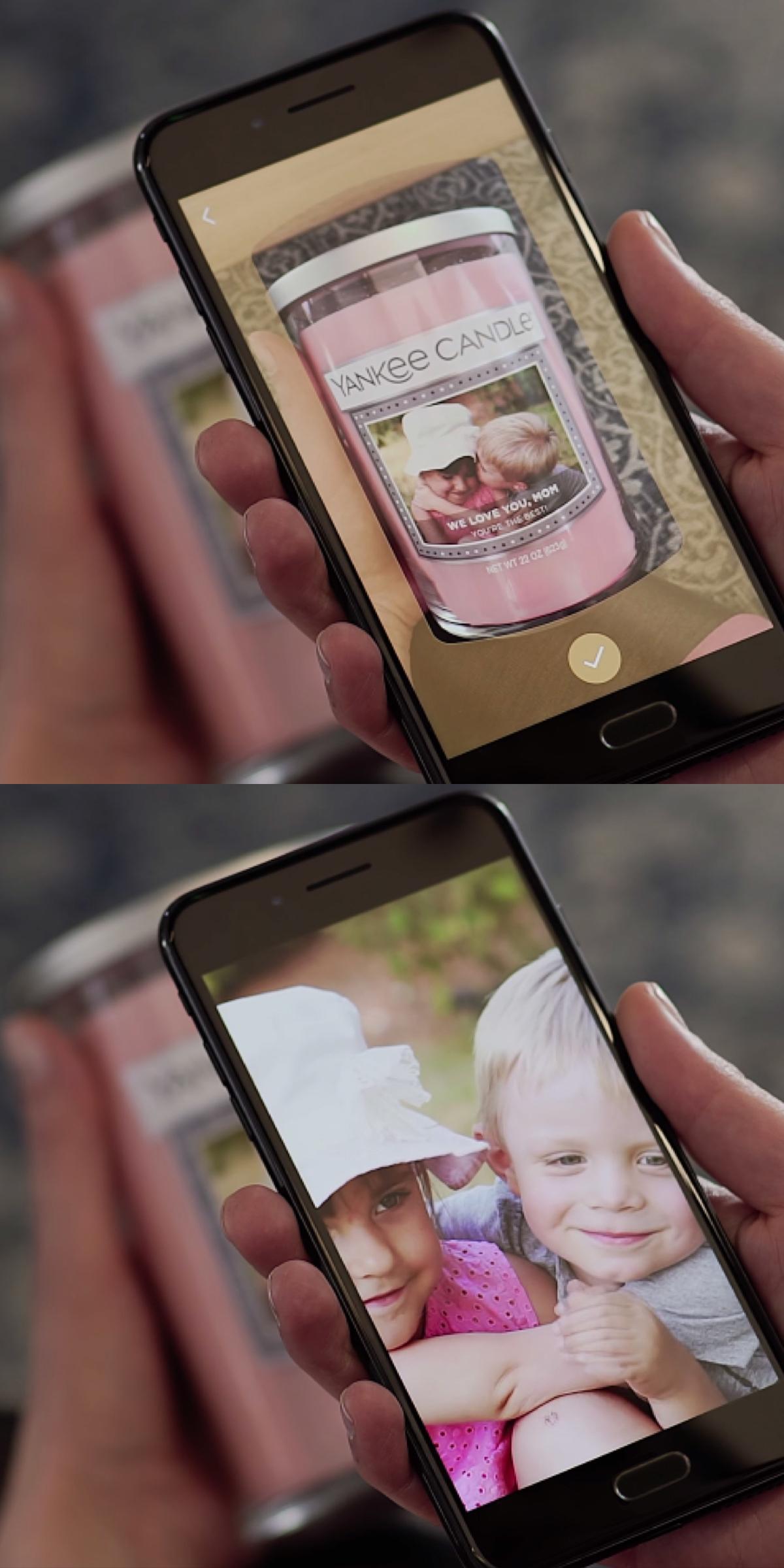 Phones showing the AR candle label scan and the video that plays back from it