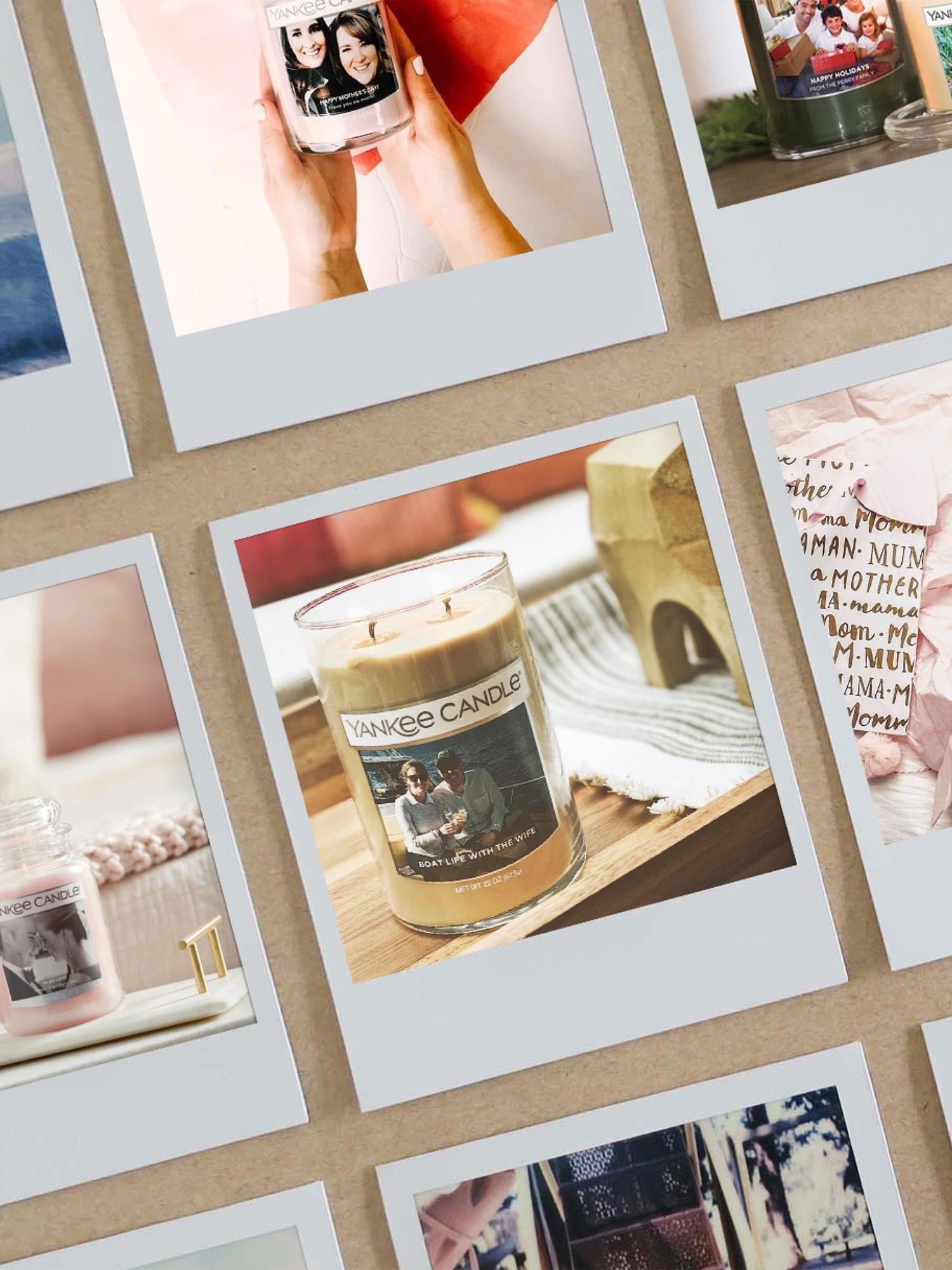 Polaroid-style photos of personalized Yankee Candle jars arranged on a tabletop
