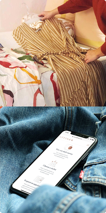 Striped dress laid on a bed beside a phone on denim showing the Affiner styling site