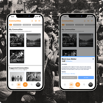 Communities app mockups on smartphones over a black-and-white protest crowd background