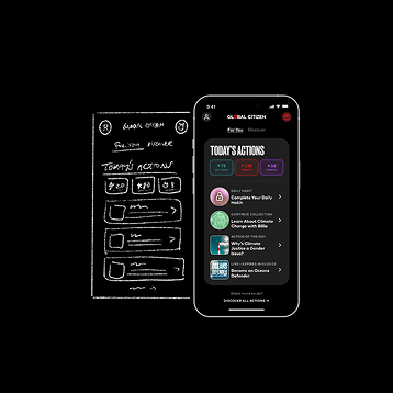Global Citizen app mockup beside a hand-drawn wireframe on a black background