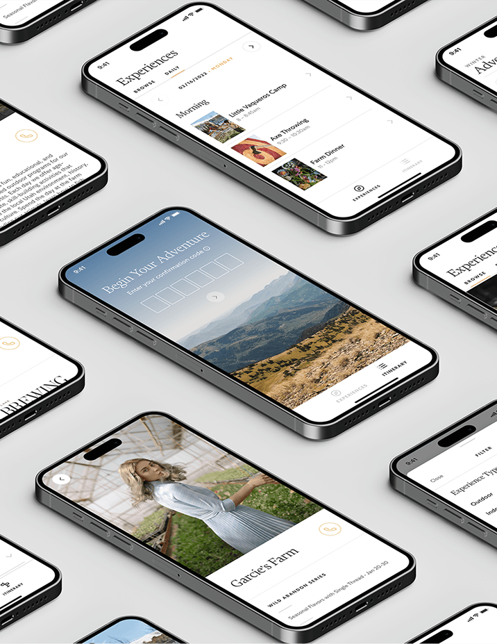 Grid of smartphones displaying The Lodge adventure travel app screens