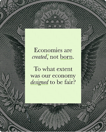 Quote card reading Economies are created, not born over a dollar bill engraving