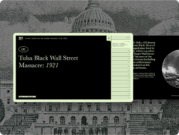 Desktop gallery slide about Tulsa Black Wall Street Massacre: 1921 over a Capitol engraving