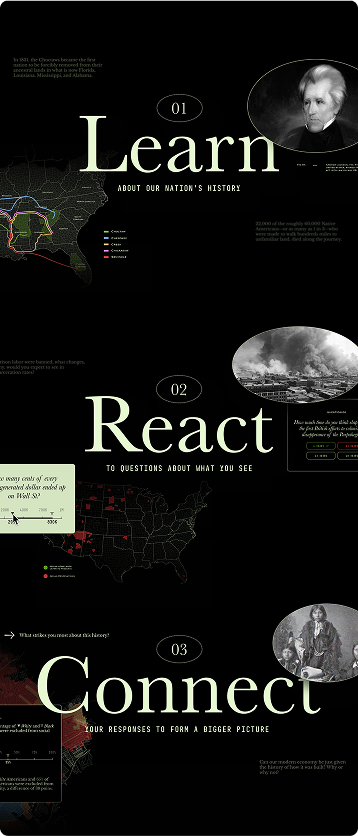 Learn, React, Connect sections with historical maps, portraits, and quiz graphics
