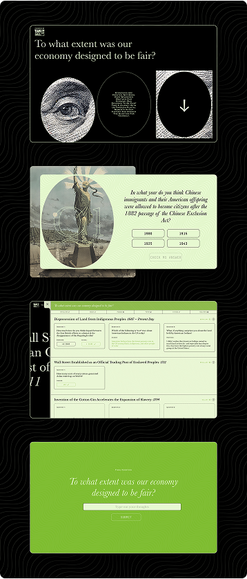 Take on Wall Street website screens with quiz cards and a green response form