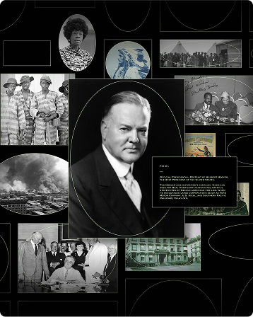 Archival collage centred on the presidential portrait of Herbert Hoover