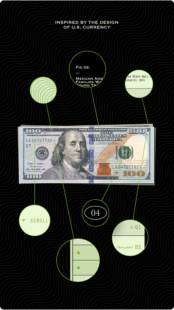 Layered U.S. dollar bills with green circular callouts on a black background