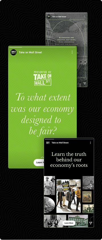 Three Take on Wall Street story panels about economic fairness on a black patterned background