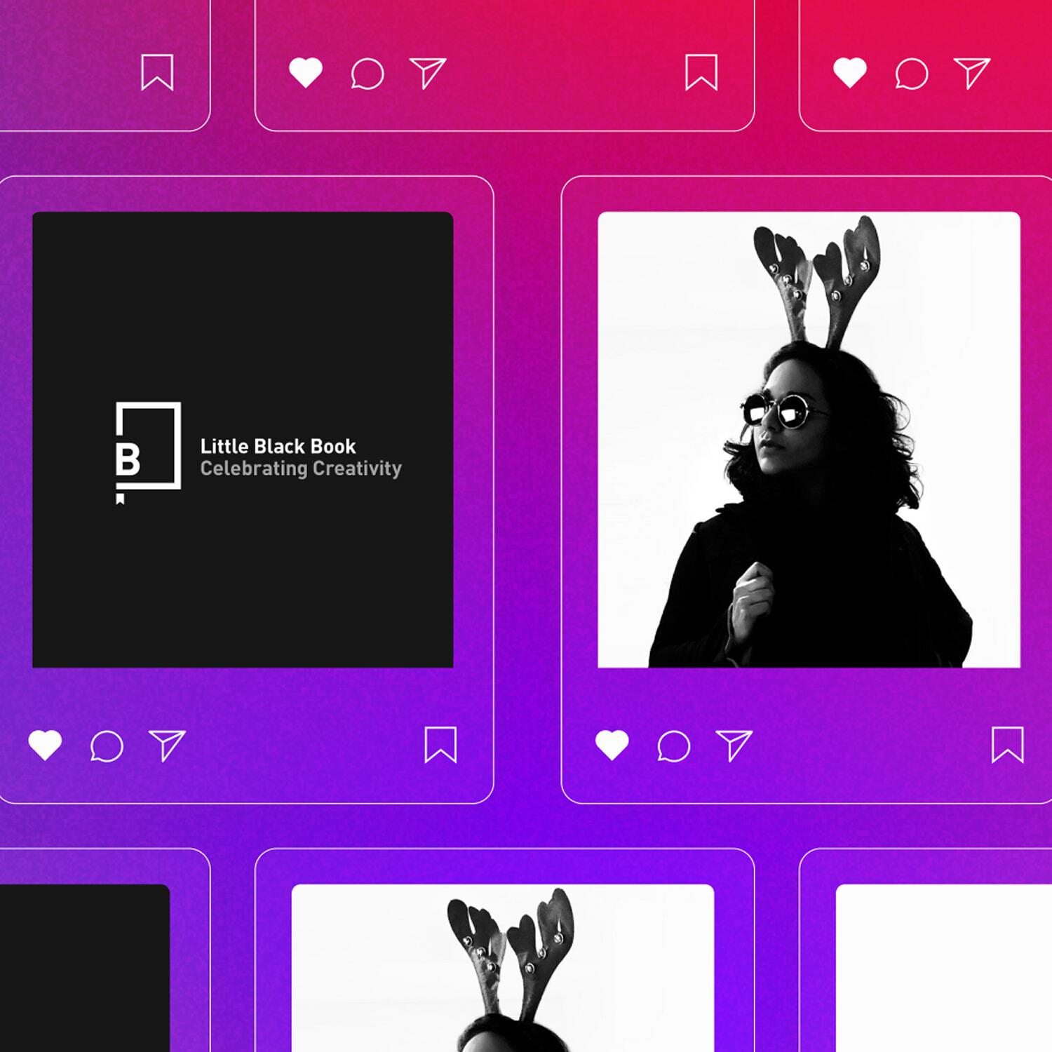 Grid of mock social posts alternating L+R and Little Black Book logos with a portrait of Aldana Medina in antlers