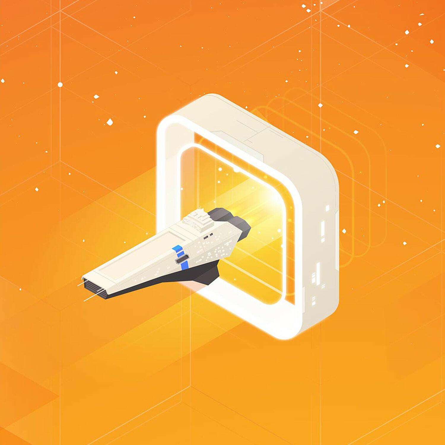 Illustrated spaceship flying through a glowing portal on orange background