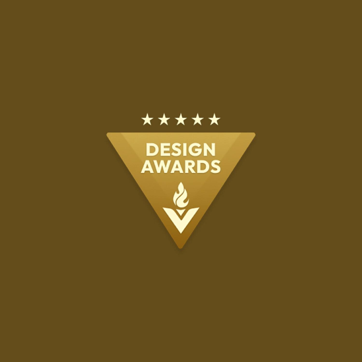 Gold Design Awards triangle badge with five stars