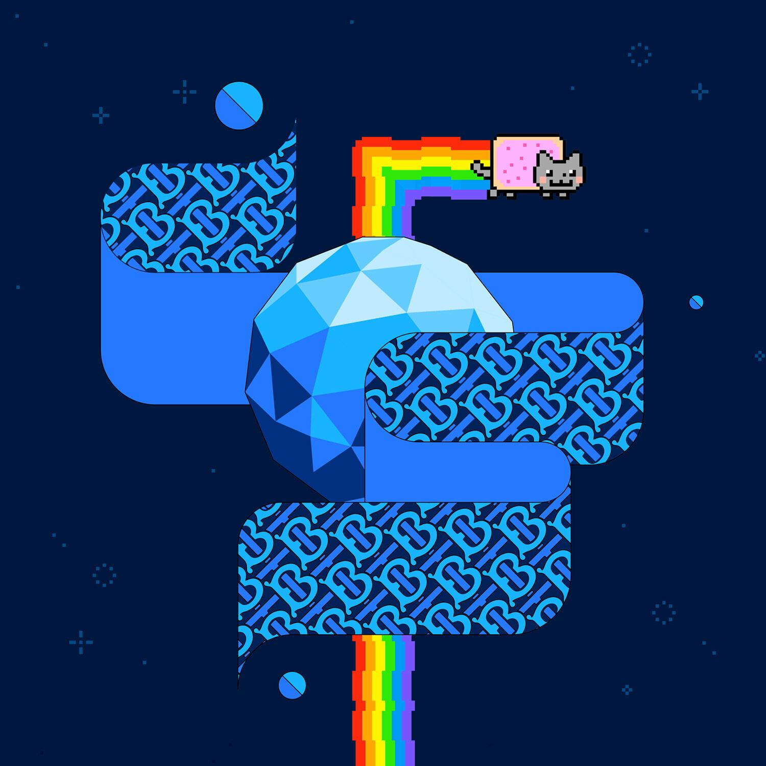 Pixel Nyan Cat and rainbow around a blue patterned letter B