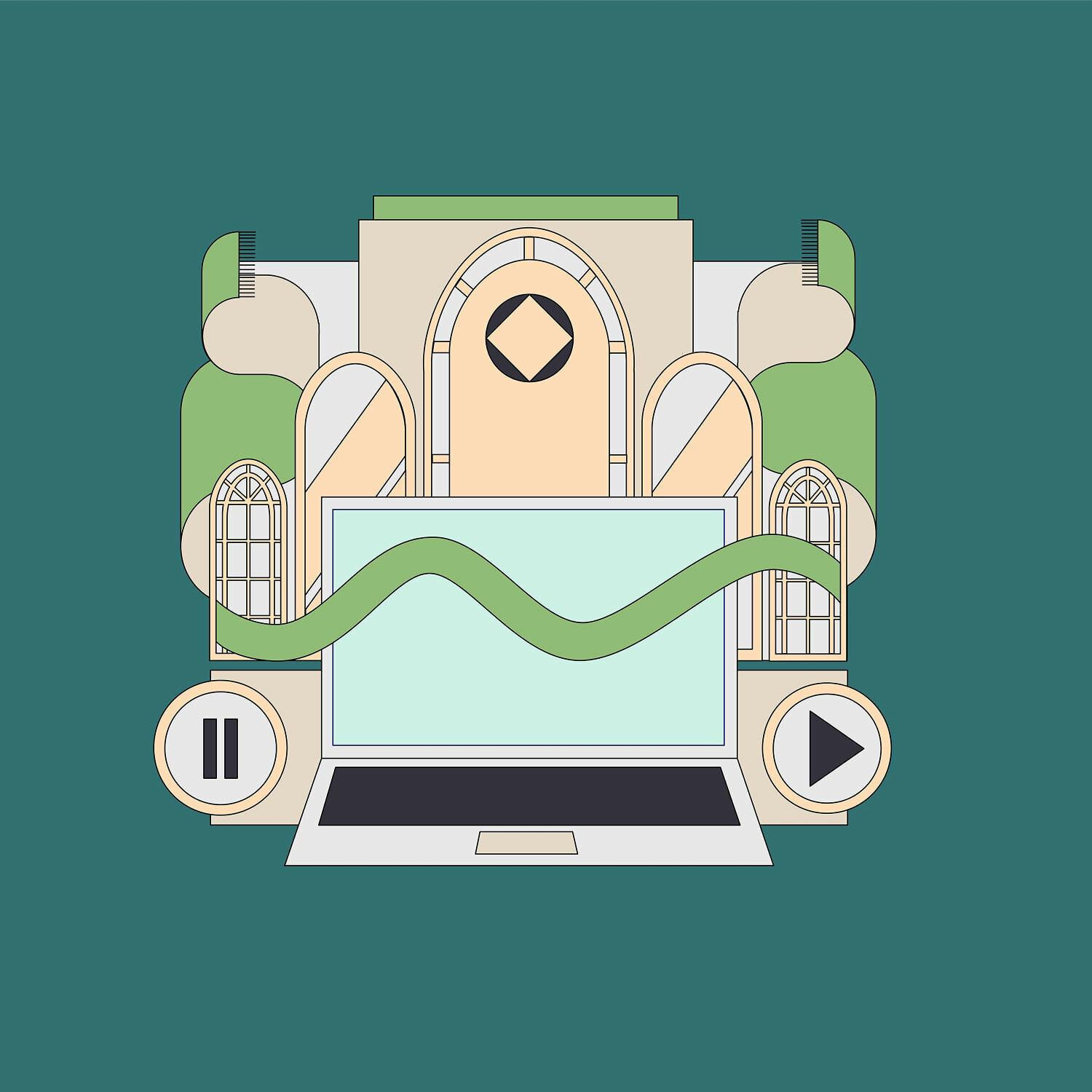 Illustrated laptop with play and pause buttons and architectural shapes