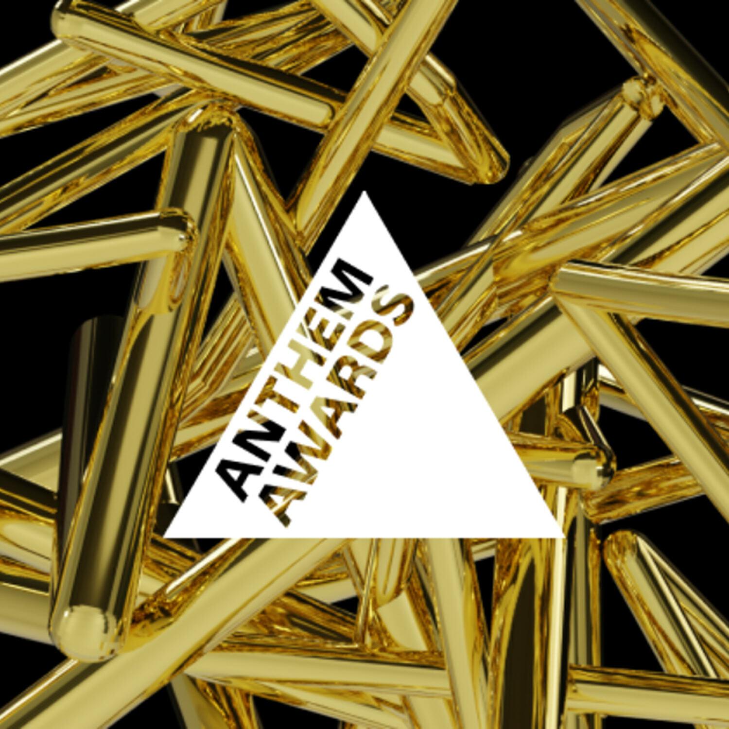 Anthem Awards logo over a background of gold triangular rods