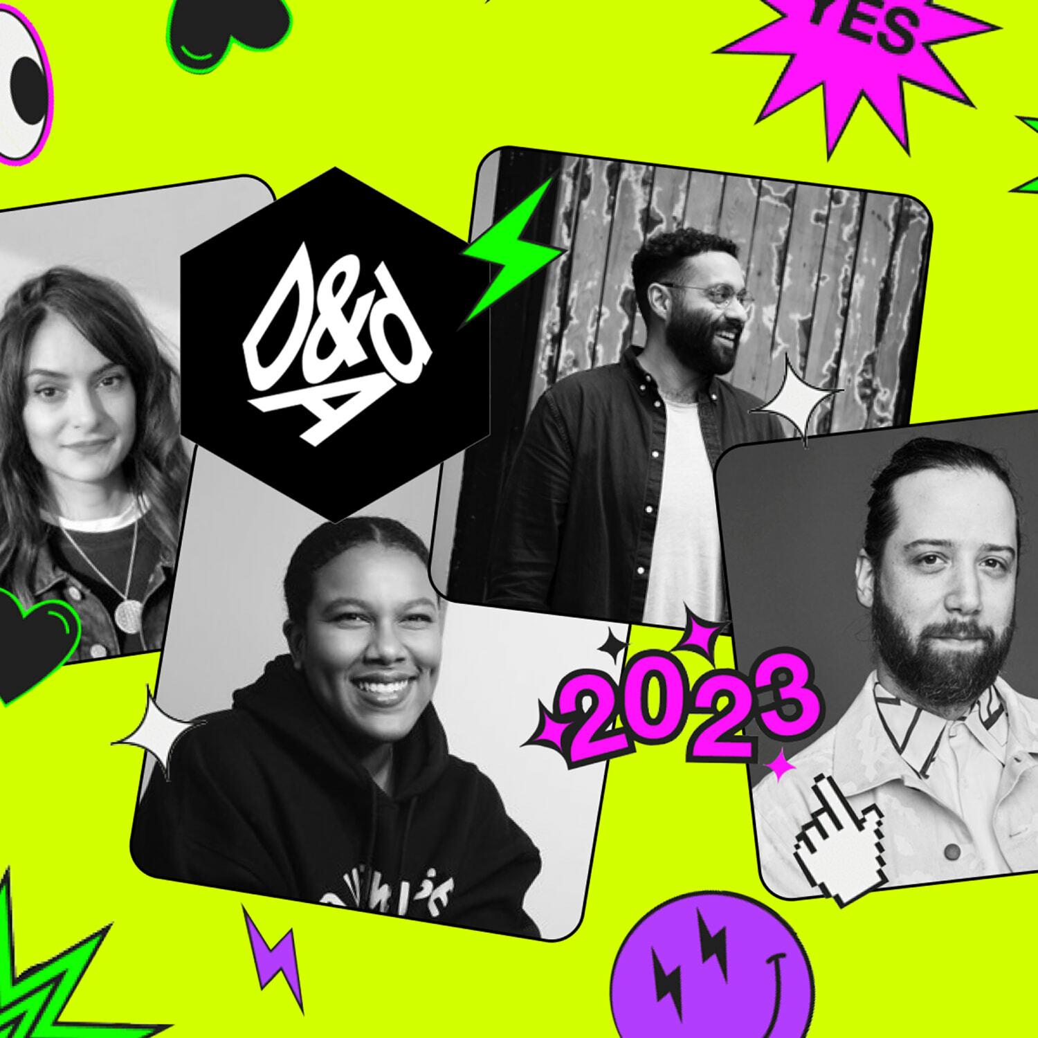 D&AD 2023 collage with four portraits on a neon graphic background