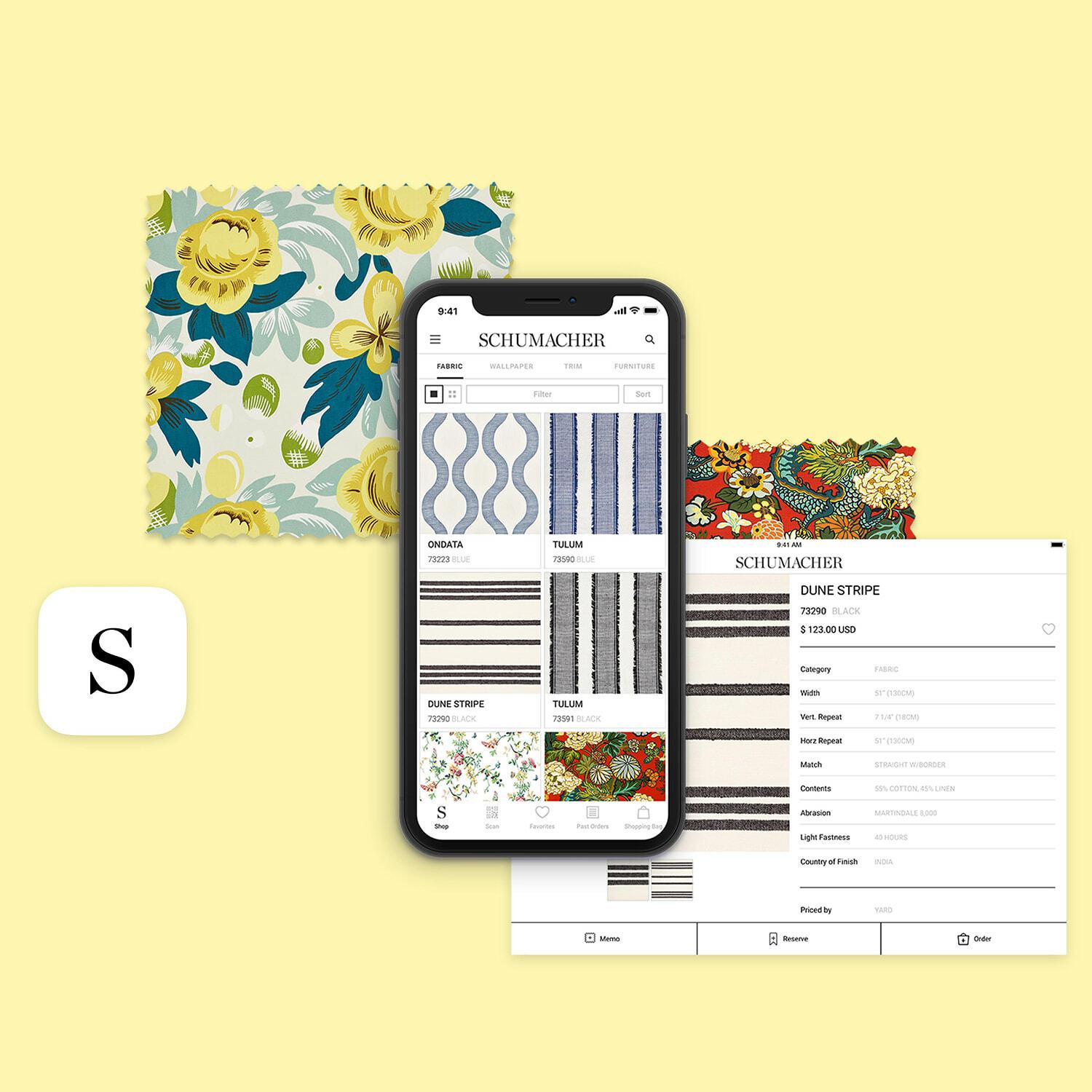 Schumacher app browsing fabric swatches, with a Dune Stripe detail view on tablet