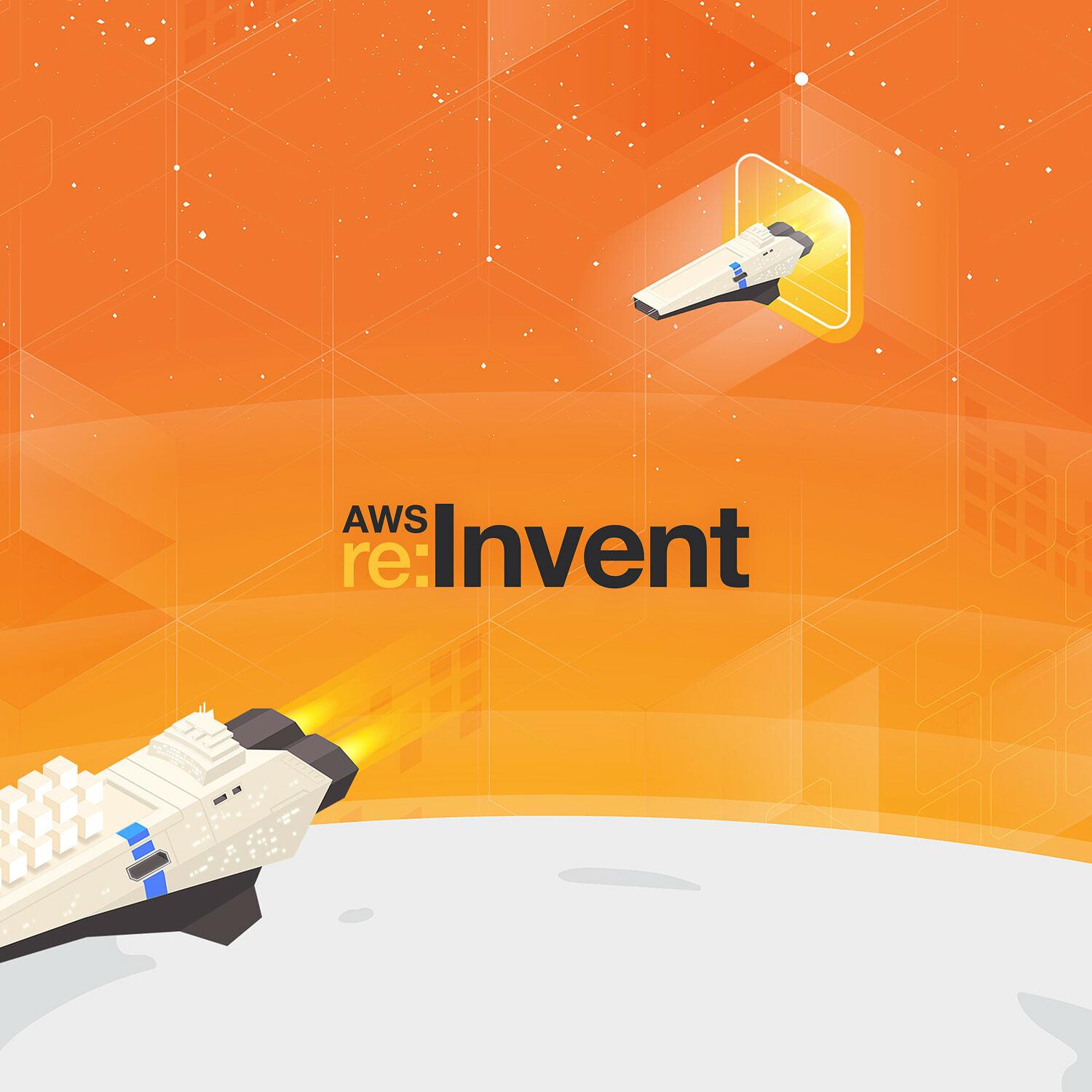AWS re:Invent illustration with two space shuttles launching over a white planet