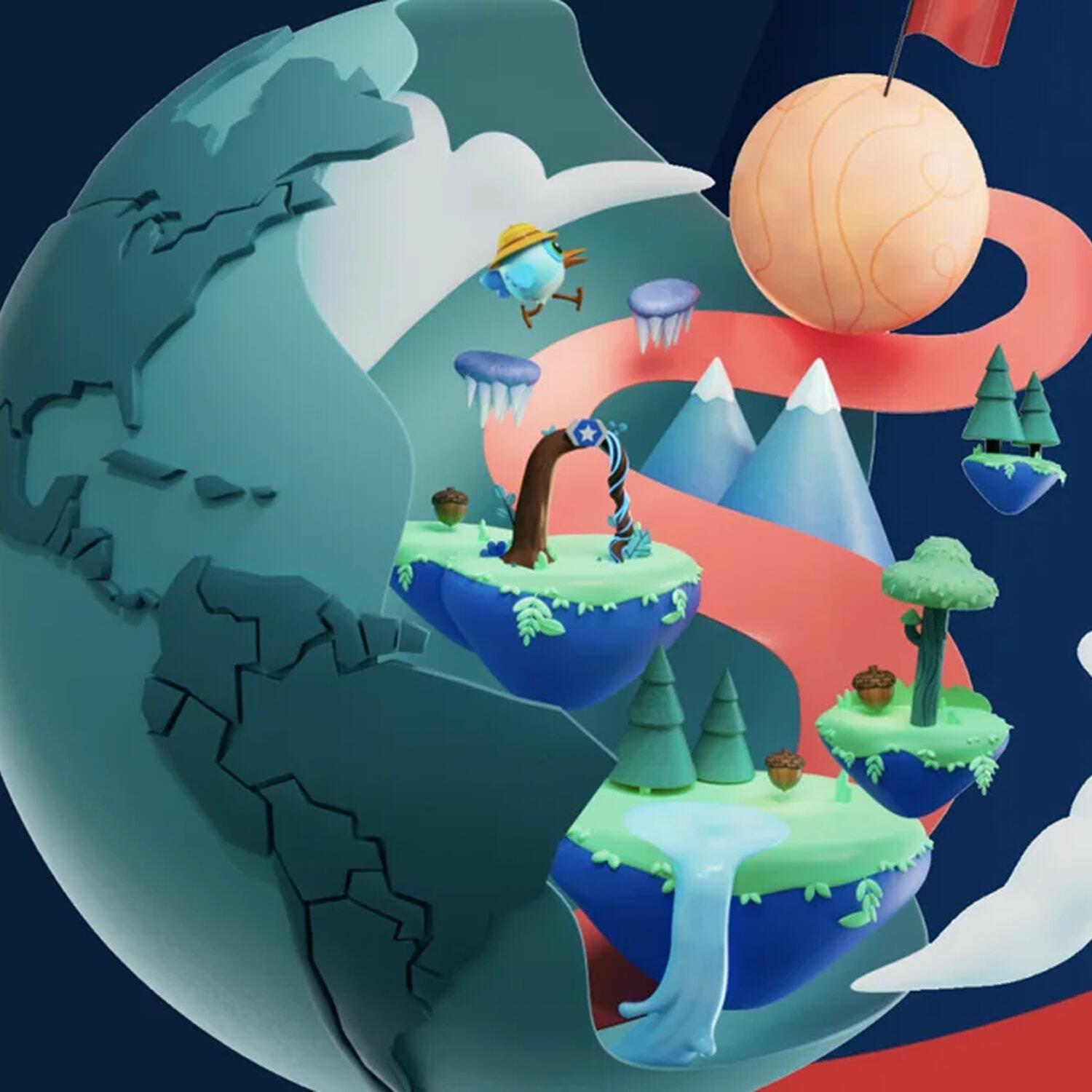 Global Gamers Challenge key art: a globe with floating game islands and a winding red path