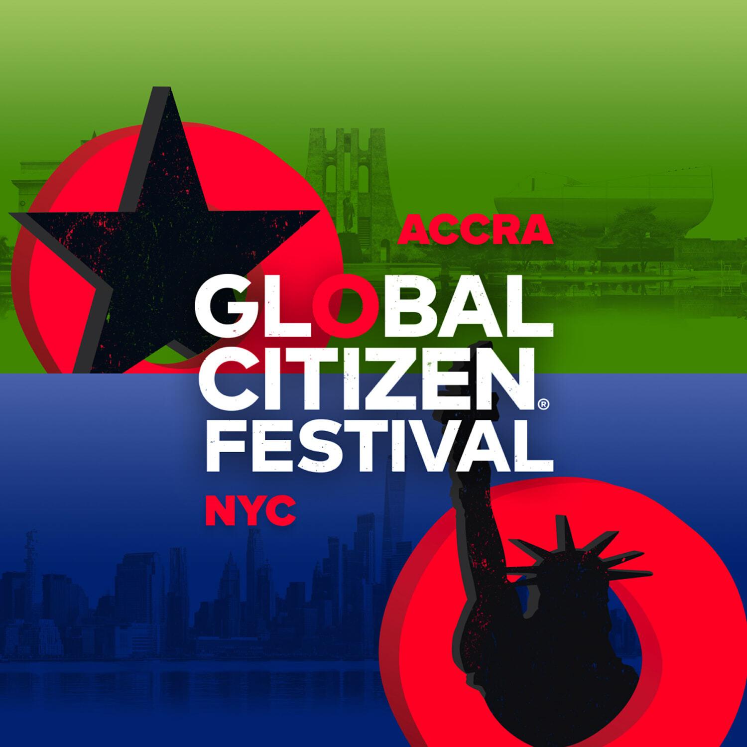 Global Citizen Festival Accra NYC poster with city silhouettes