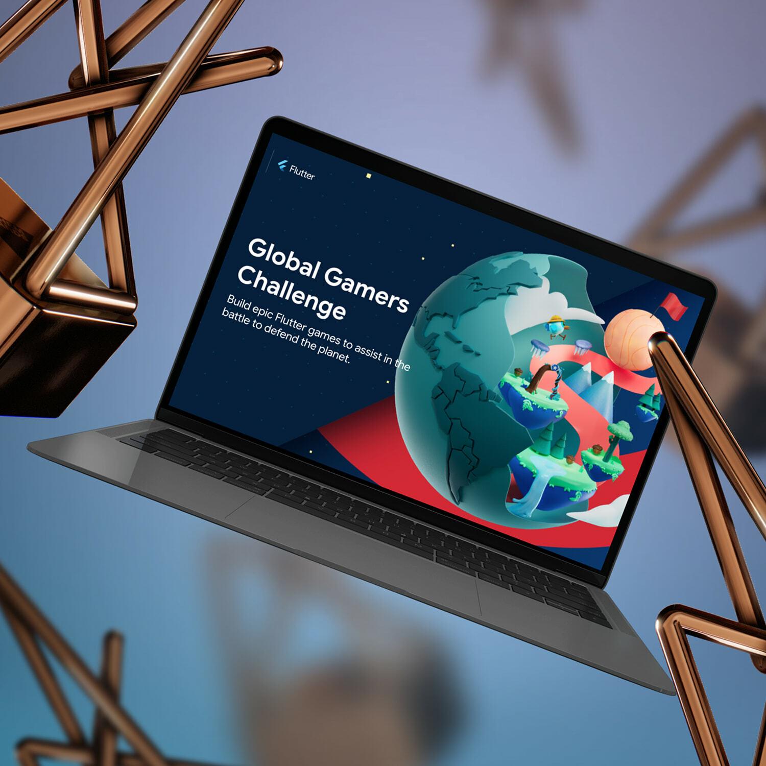 Laptop showing the Global Gamers Challenge landing page, framed by bronze sculptural shapes