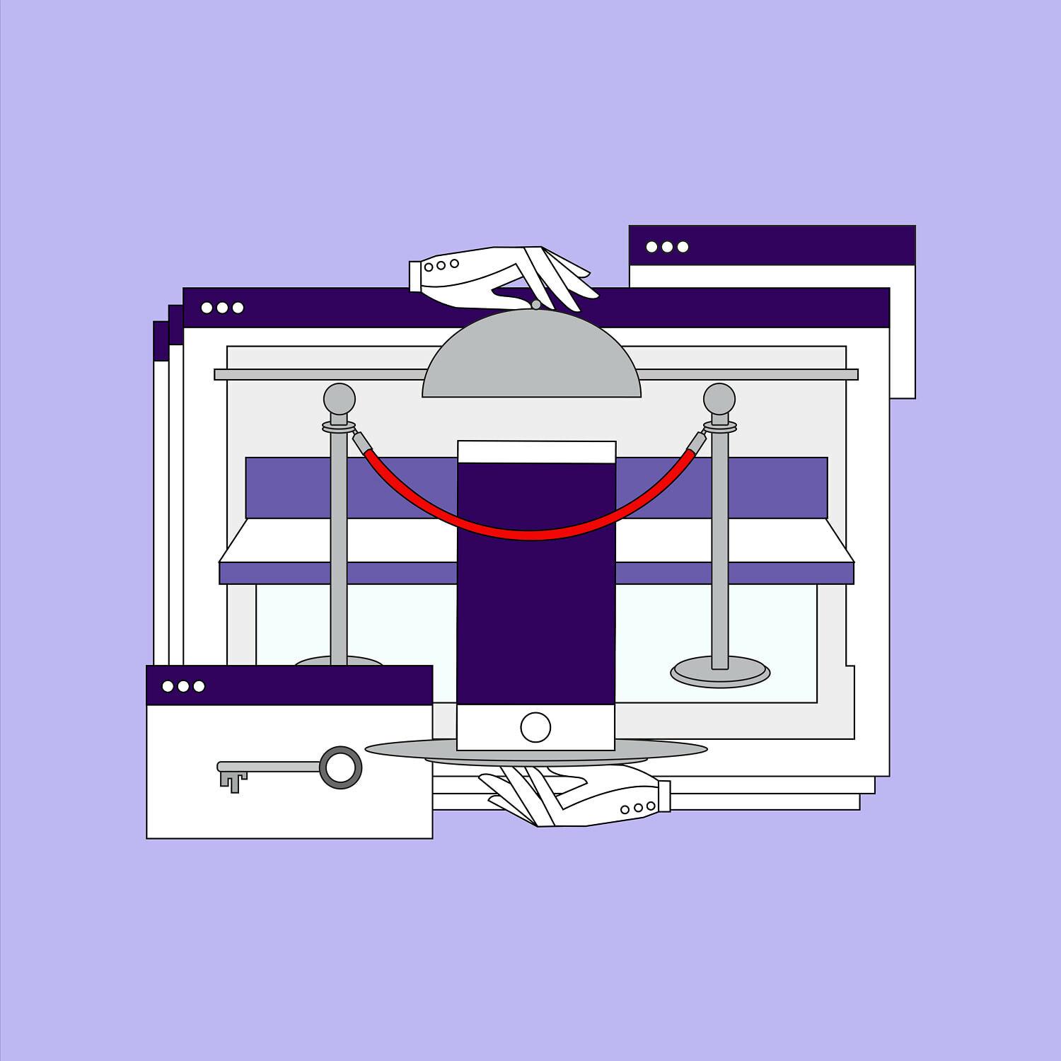 Illustration of phone, museum barrier, browser windows, and key