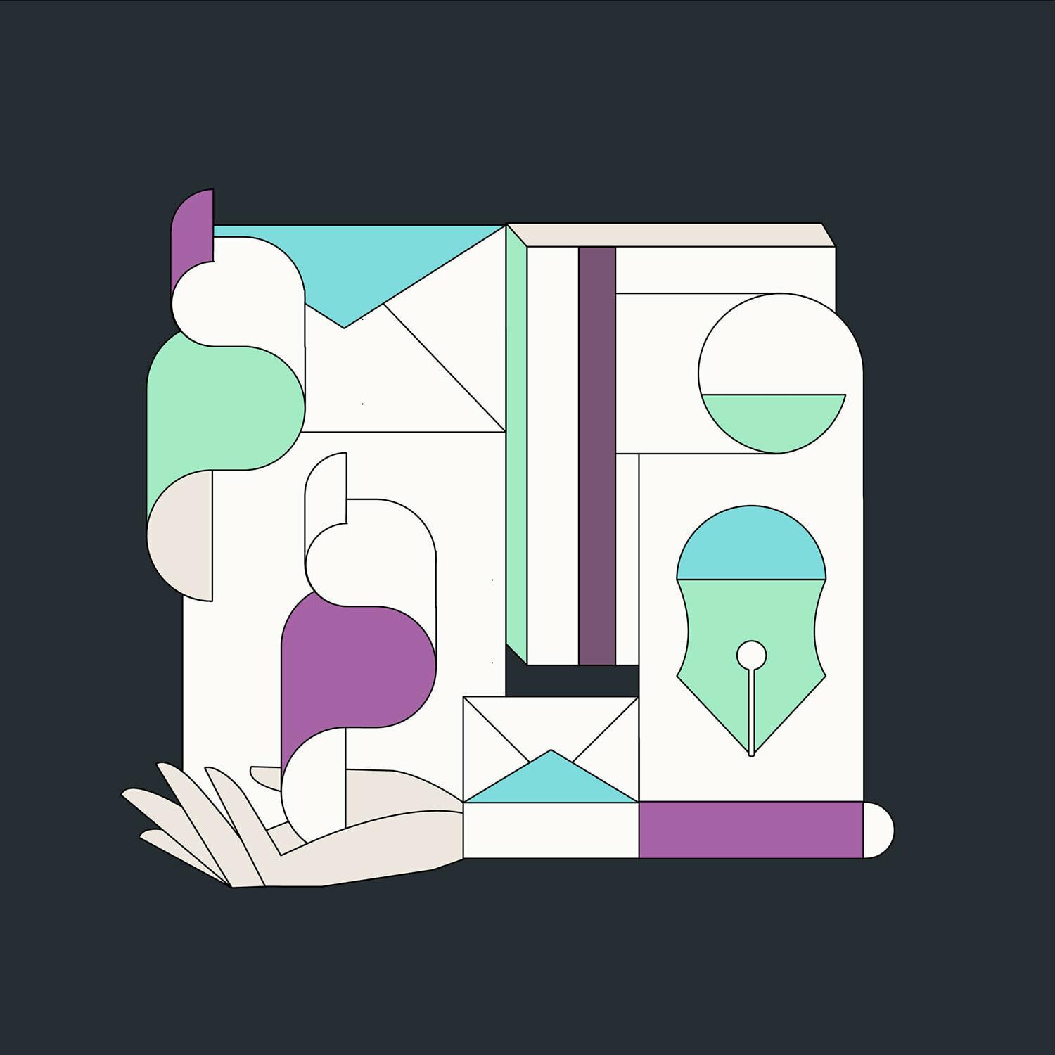 Abstract geometric illustration in teal, purple, and cream