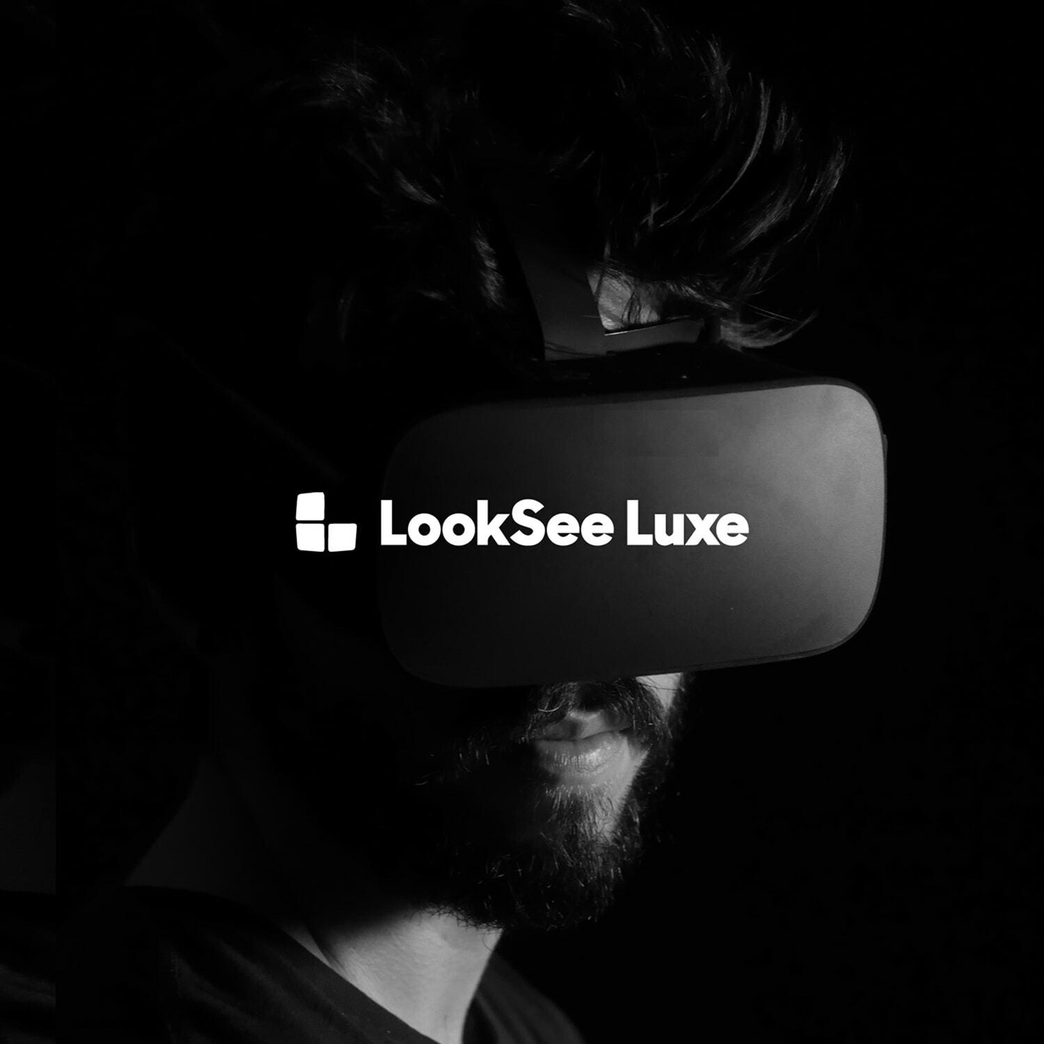 Person wearing a VR headset with LookSee Luxe logo