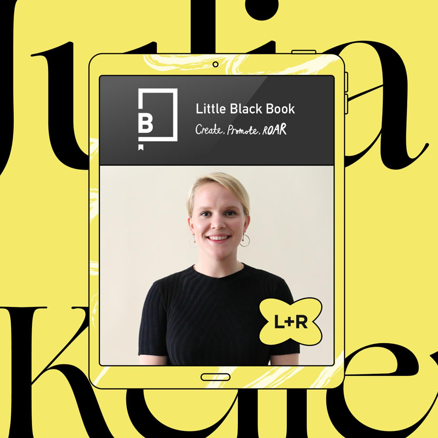 Little Black Book profile card for Julia Keller on a yellow background.