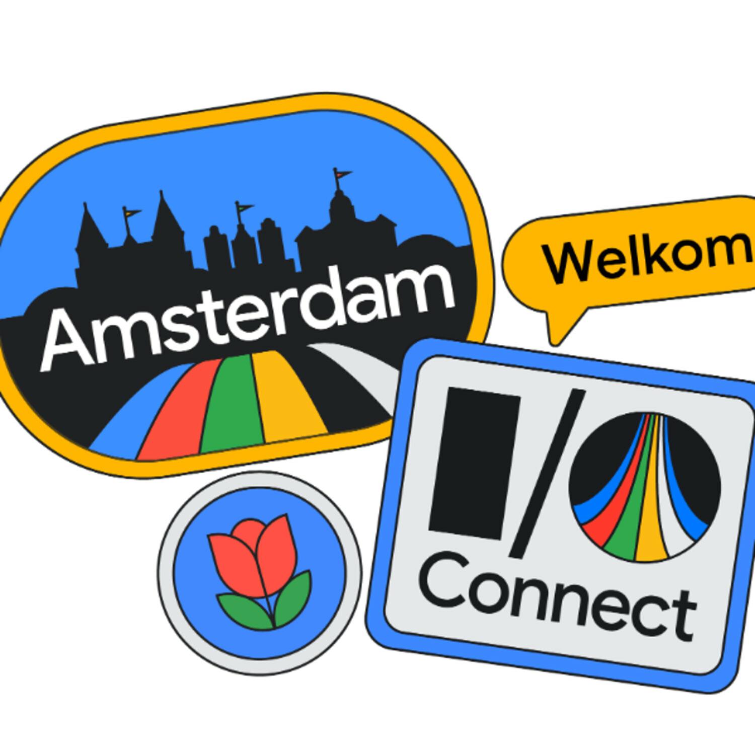 Amsterdam and I/O Connect sticker illustrations with a Welkom speech bubble