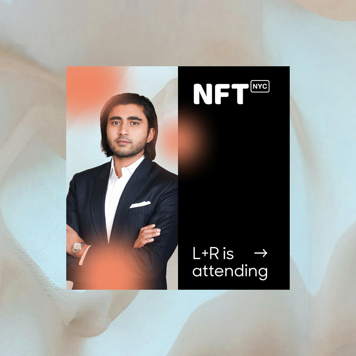 NFT NYC event card with attendee portrait and text L+R is attending