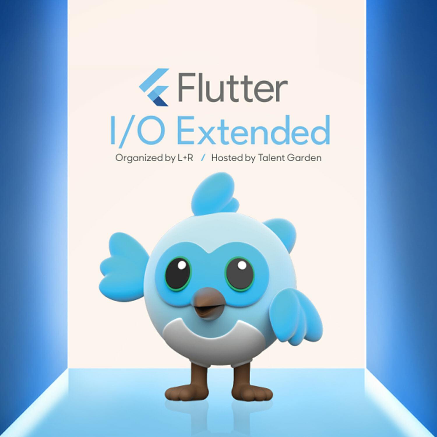 Flutter I/O Extended poster with a blue bird mascot