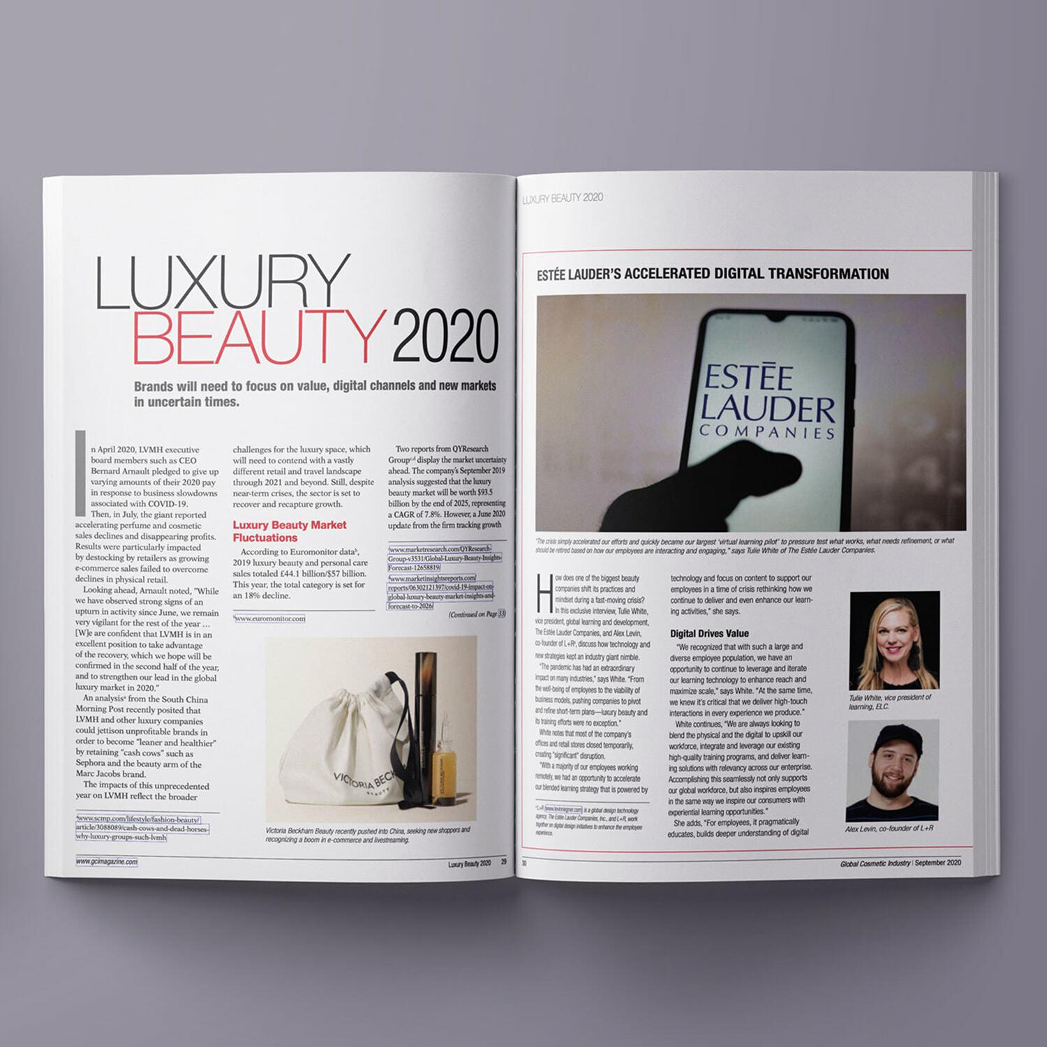 Open magazine spread about Luxury Beauty 2020 and Este Lauder